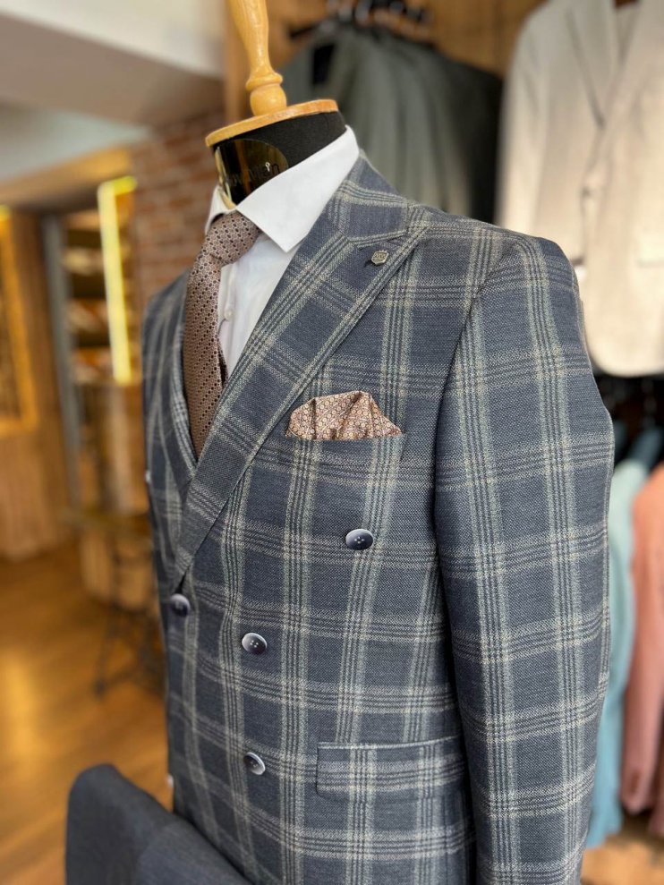 Костюм MAZALTOVMAN 2-ка двубортный Premium Серый в бежевую клетку